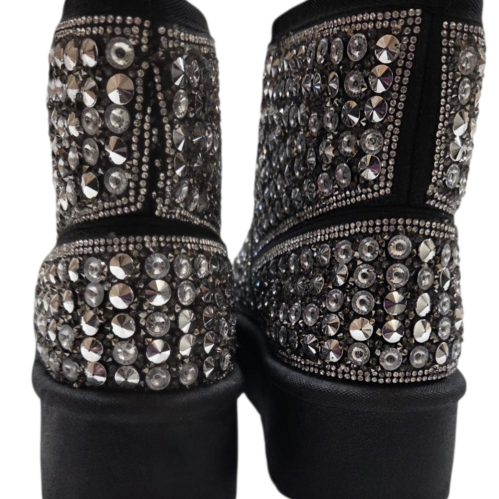 ROUGE Faux Fur Lined Studded Rhinestone Platform Ankle Boots Size 8 Black Silver - Picture 7 of 16